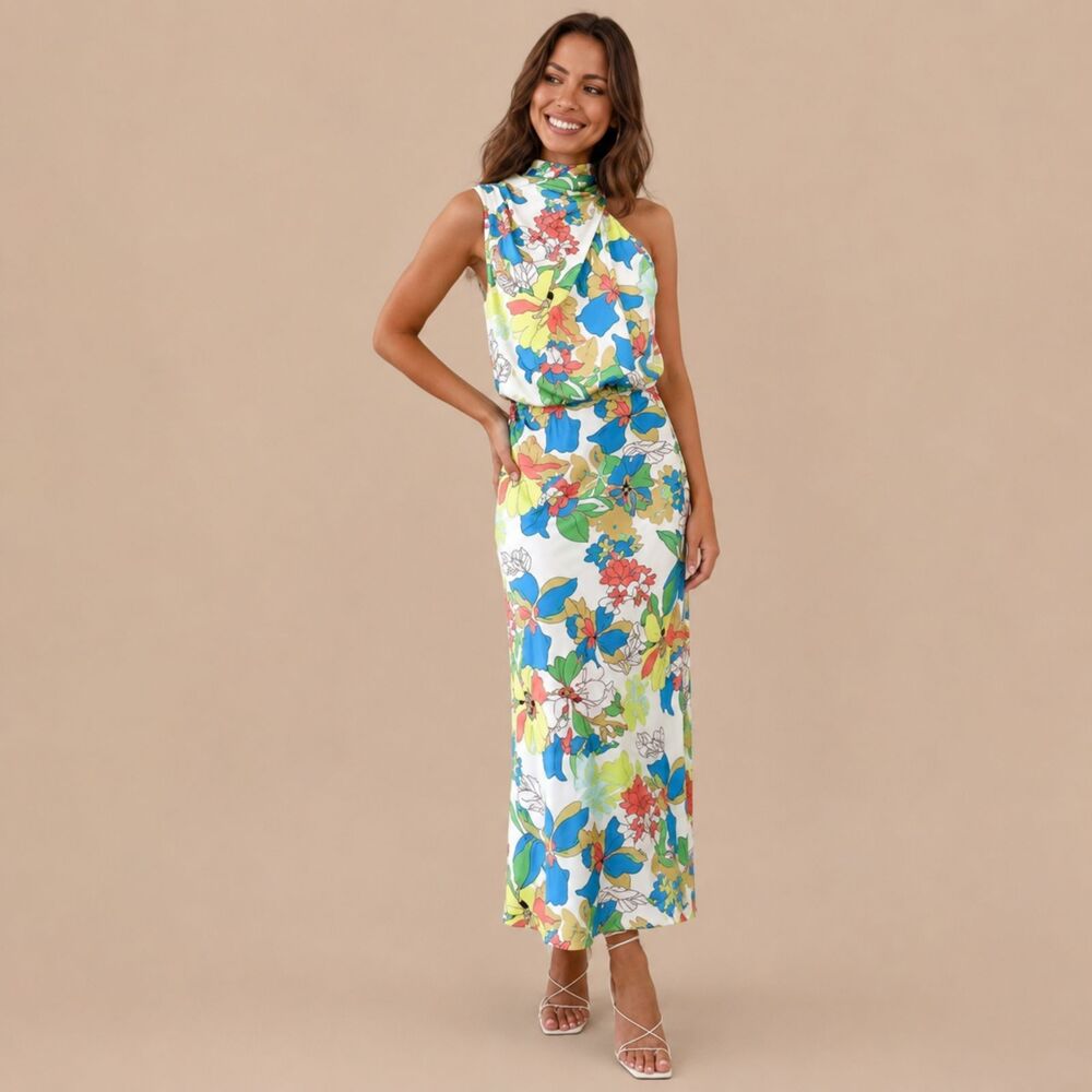 Prettygarden Floral Halter Maxi Dress Medium Tropical Resort Vacation Spring